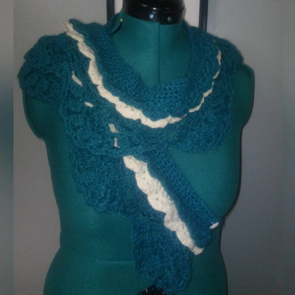 Crochet Multi-Wear Scarf/Wrap/Vest/Accessory in Teal & White NEW